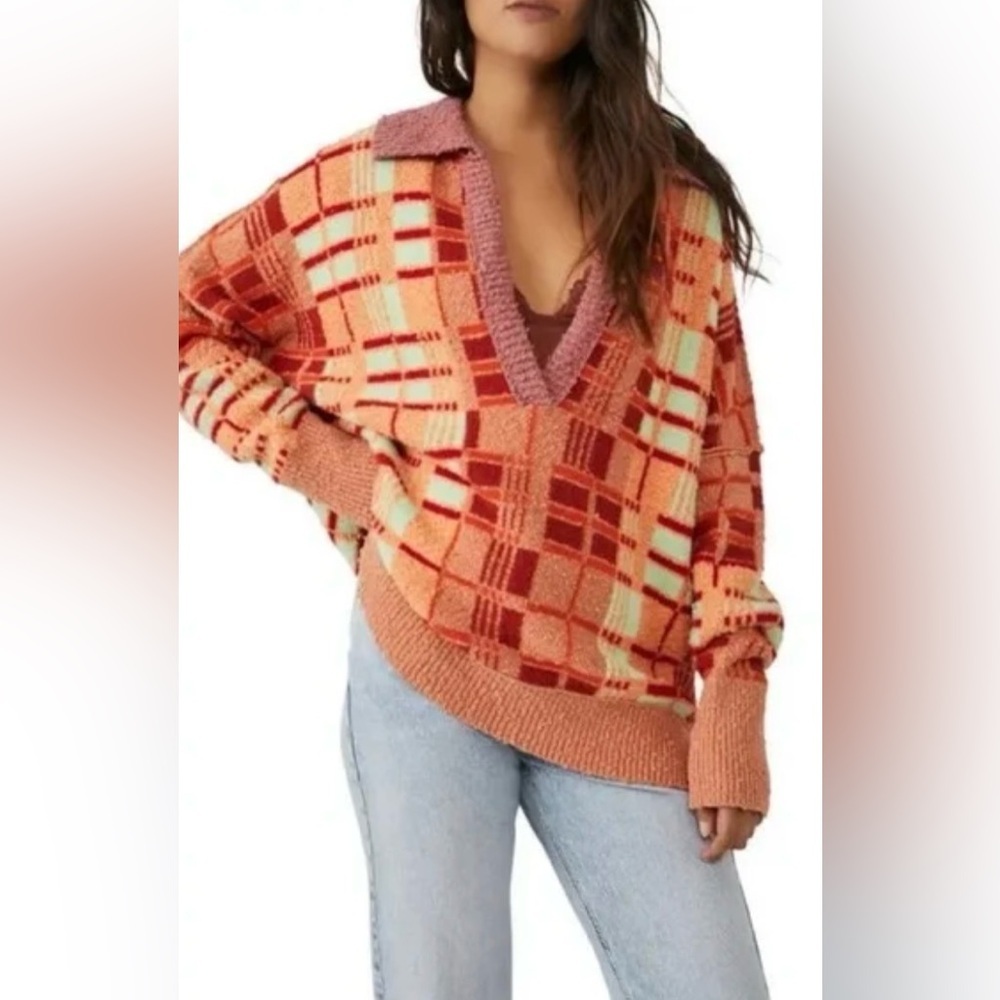 Free People Ruben Pullover Sweater Orange Plaid Oversized Boho Size M